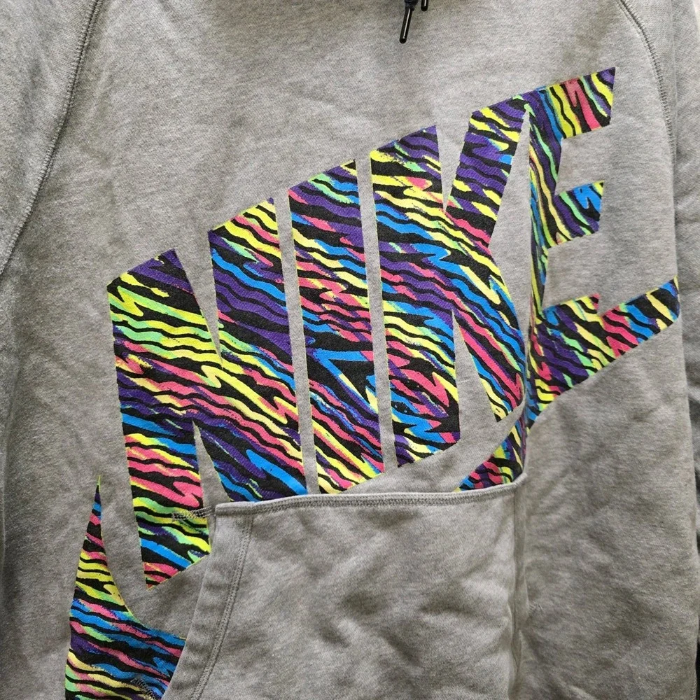 Nike Men's Gray Rainbow Zebra Spell Out Swoosh Hoodie‎ Sweatshirt XXL 90s